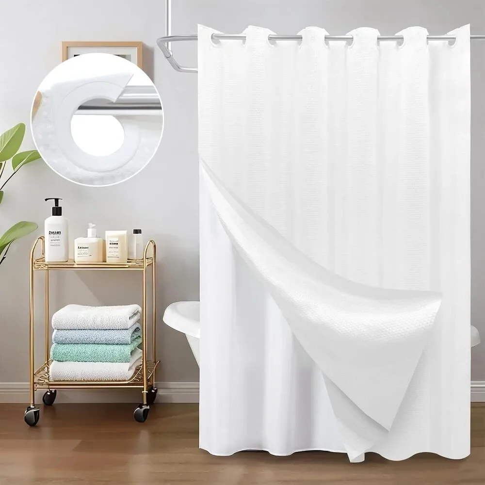 No Hook Waffle Weave Shower Curtain with Removable Snap in Fabric Liner Set